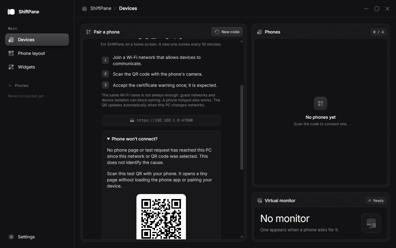 The Devices page with the Phone won't connect? box open, showing a test QR code