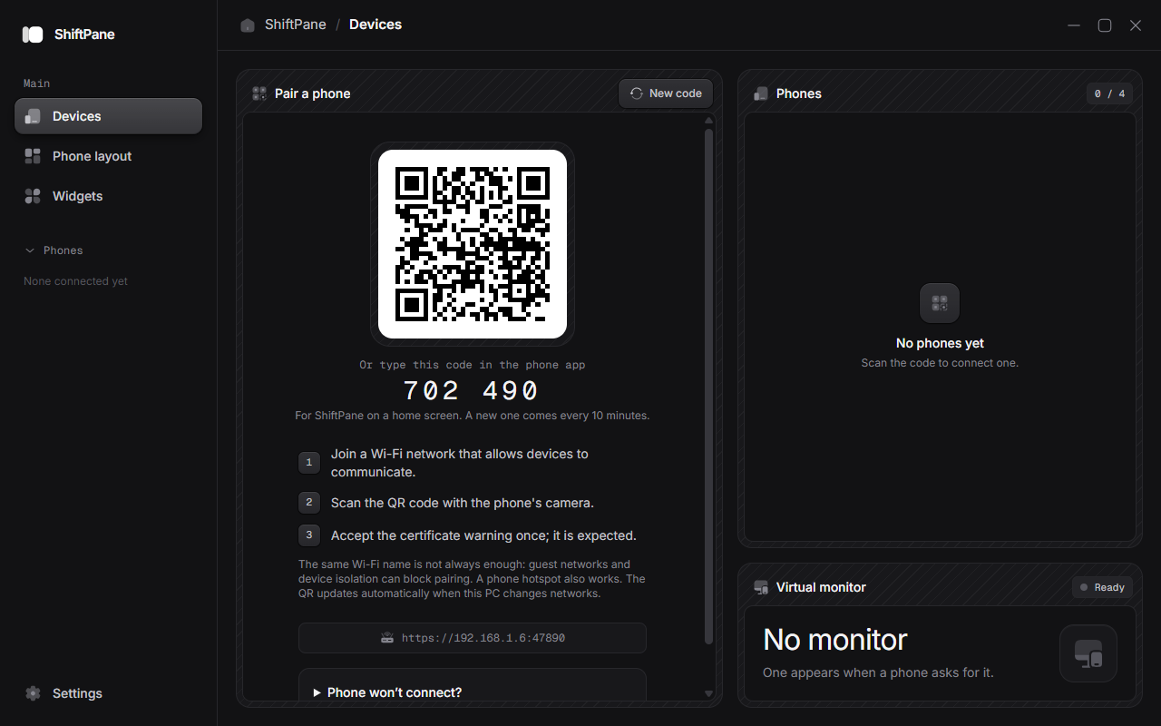 The Devices page with the pairing QR code, the six-digit code and the steps