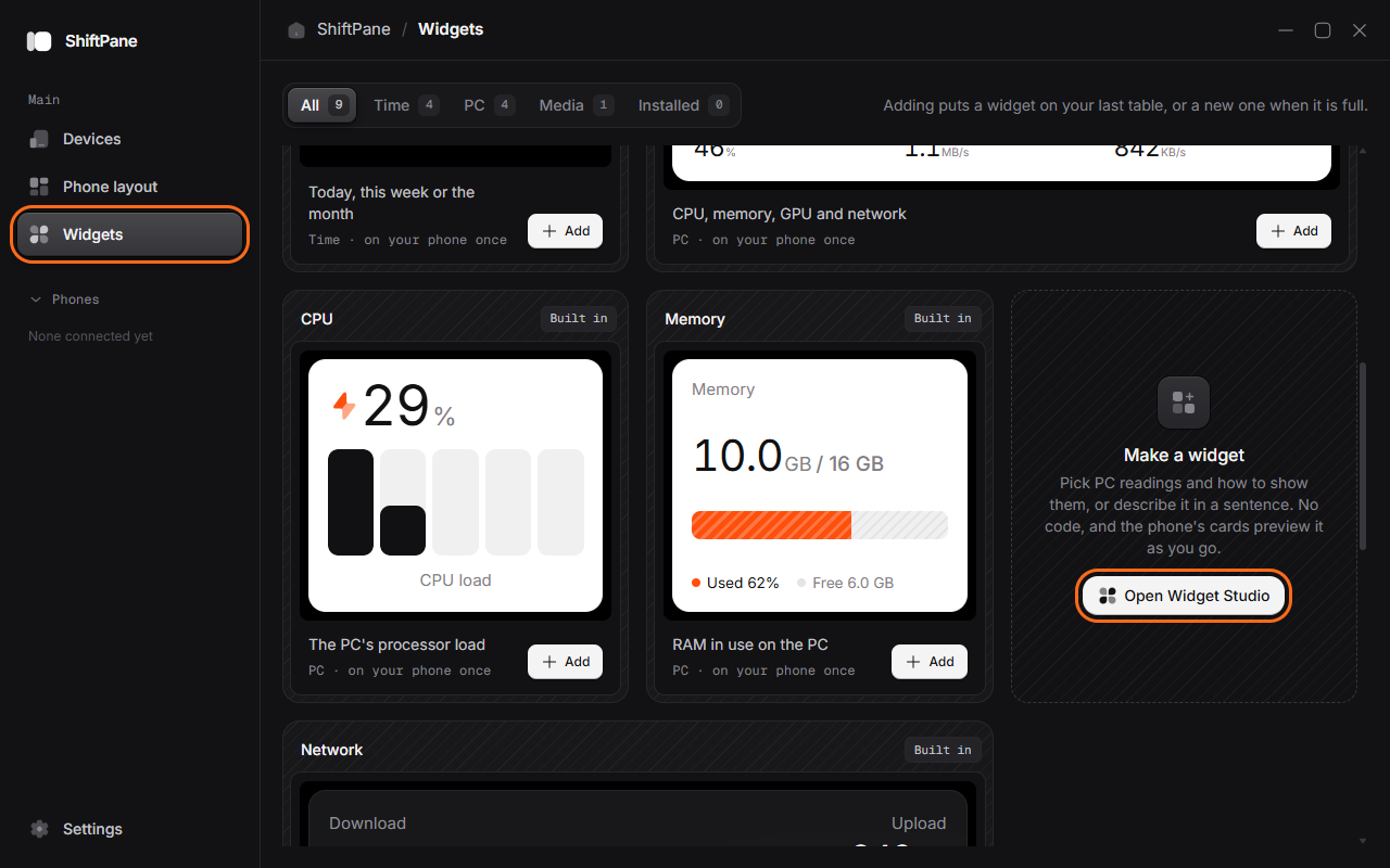 The ShiftPane Widgets page with the Widgets sidebar item and the Open Widget Studio button circled