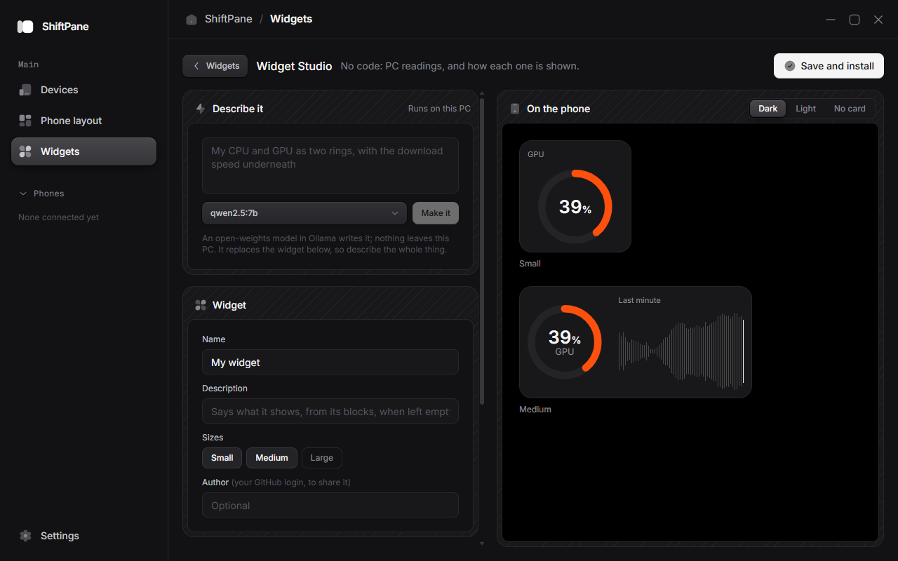 Widget Studio: the Describe it box and Widget form on the left, the phone preview on the right