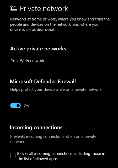 The Private network page in Windows Security with the Blocks all incoming connections box unticked