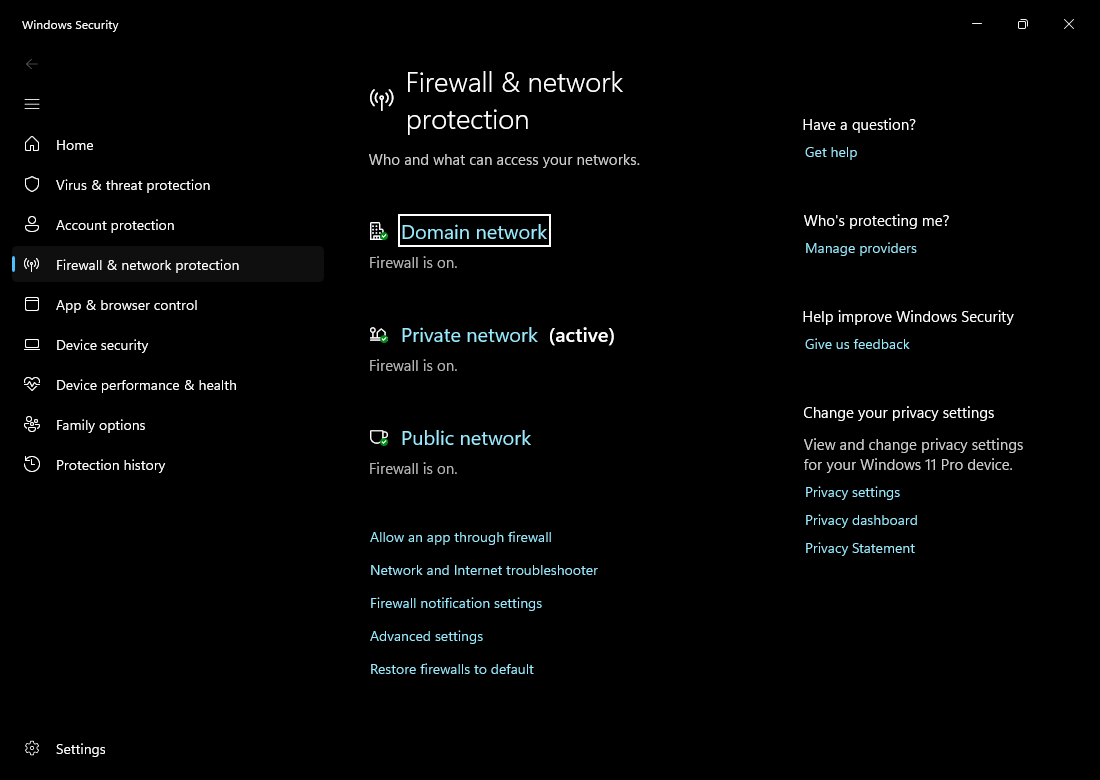 Windows Security, Firewall and network protection, with the Private network marked active