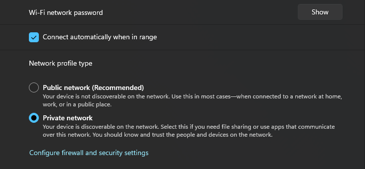 Network profile type with Public network and Private network options, Private network selected