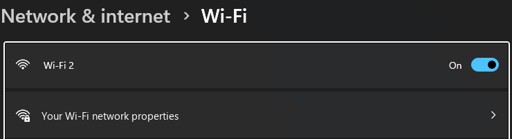 Windows 11 Settings, Network & internet, Wi-Fi, with the connected network listed under the Wi-Fi switch